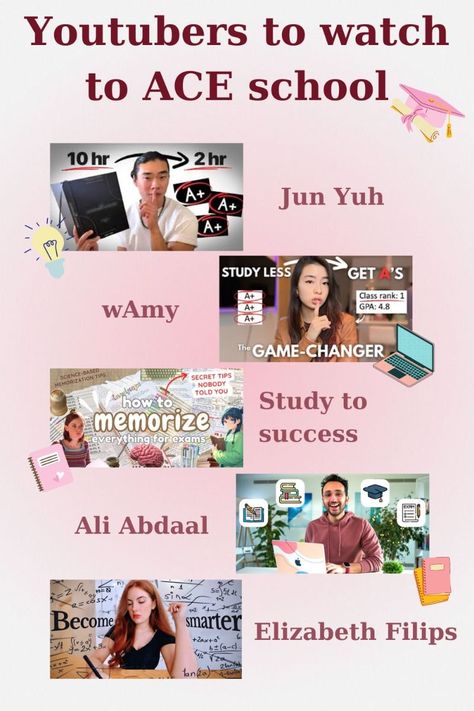 youtubers to watch to for studying to ace school and get good grades everythingplanner #dailyplanner #ramadanplanner2024. Study Guides Ideas, Best Study Youtubers, Youtubers For Study, Youtube To Watch, Good Youtubers To Watch, Back To School Study Tips, Youtubers To Watch To Ace School, Study Youtubers, Good Grades Tips