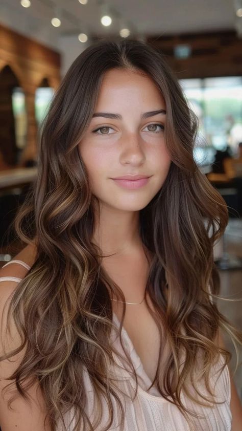 A young woman with long, wavy brown hair smiles softly in a warmly lit room. Dark Brown Hair With Caramel Highlights Honey, Honey Brown Hair Balayage, Brown Partial Balayage, Warm Honey Brown Hair Balayage, Light Brown With Caramel Highlights, Warm Undertone Hair Color, Warm Honey Brown Hair, Undertone Hair, Balayage On Brunette Hair