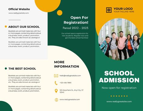 Green and Orange Professional School Admission Trifold Brochure - Templates by Canva Education Brochures, School Brochure, Admissions Poster, School Fonts, School Badges, Education Templates, Characters Inspiration Drawing, Playful Style, School Opening