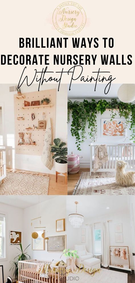 WAYS TO DECORATE NURSERY WALLS WITHOUT PAINT Curtains To Cover Walls, Nursery Wall Collage, Tall Wall Decor, Decorate Nursery, Nursery Themes Neutral, Shared Nursery, Nursery Accent Wall, Dreamy Nursery, Neutral Wall Decor