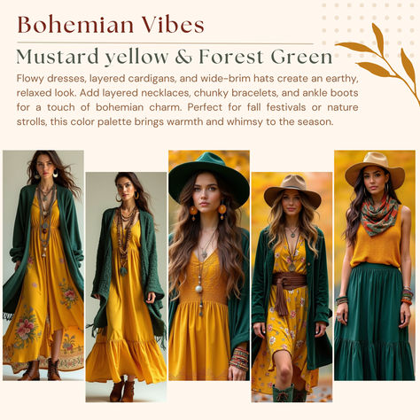 A collection of bohemian-inspired fall outfits in mustard yellow and forest green. Models wear flowy dresses, cozy cardigans, and wide-brim hats, accessorized with layered necklaces, chunky bracelets, and ankle boots. Perfect for a warm, earthy look that captures the spirit of autumn festivals and nature walks. Fall Earthy Outfits, Green Flowy Dress, Rising Scorpio, Mustard Yellow Outfit, Nonbinary Fashion, Dresses Layered, Cozy Nature, Yellow Forest, Improve Your Style