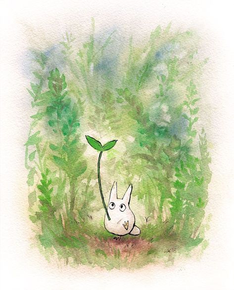 Watercolor Totoro, Ghibli Watercolor Art, Studio Ghibli Watercolor, Totoro Watercolor, Totoro Painting, Ghibli Watercolor, Small Totoro, Totoro Drawing, Ghibli Studios