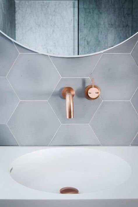 Copper In Bathroom, Copper Fixtures, Basement Remodeling Diy, Gray Hex, Bathroom Apartment, Copper Fixture, Grey Tiles, Hexagon Tiles, Bathroom Pictures