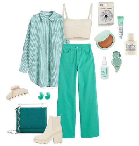 Turquoise Outfit Aesthetic, Teal Outfit Ideas, Clothes Polyvore, French Girl Outfits, Teal Outfit, Dunk Outfits, Aqua Outfit, Turquoise Jeans, Turquoise Clothes