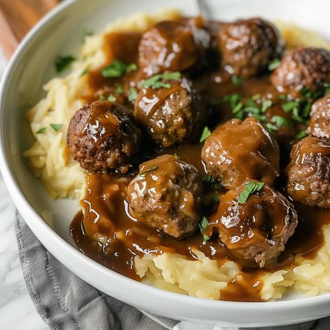 How to Make Slow Cooker Salisbury Steak Meatballs At Home - Charm Recipes Salisbury Steak Meatballs, Slow Cooker Salisbury Steak, Meatballs And Gravy, Bacon Wrapped Asparagus, Baked Dinner, Salisbury Steak, Comfort Dishes, Asparagus Recipe, Salisbury