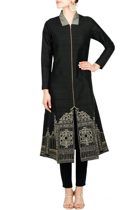 Anju modi Front Zip Kurti Designs, Kameez Design, Salwar Neck Designs, Black Kurta, Indian Kurti Designs, Salwar Pattern, Fashion Indian, Collared Jacket, Kurta Neck Design