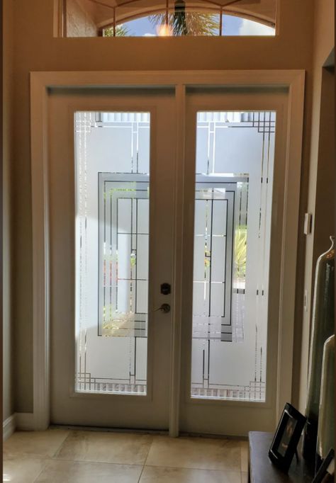 Modern yet Timeless✨ It is time to change up your front doors. Give us a call 561-375-6778 or visit our website www.imagesonglass.com . Serving the South Florida Region. #imagesonglass #glassetching Frosted Double Doors, Frosted Window Design, Frosted Glass Design, Frosted Window, Door Glass Design, Frosted Windows, Cosy Living, Tempered Glass Door, Door Glass