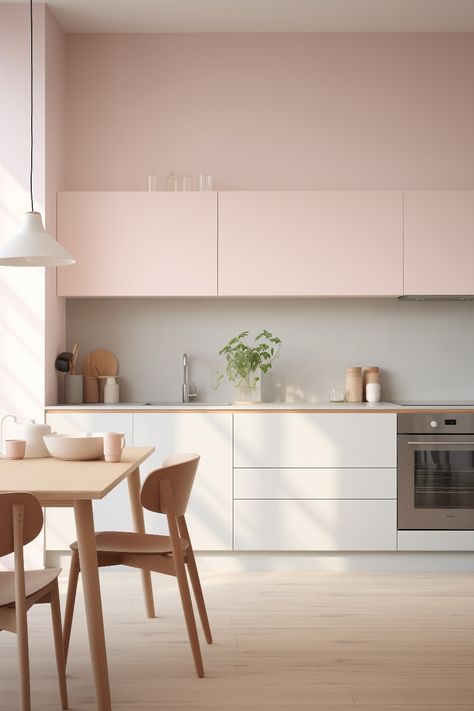 This elegant nordic kitchen is the best for anyone looking for a clean and calming environment for their apartment interior. The pastel pink cabinets with j handles match the upper part of the wall, and the white drawers with wooden details create a beautiful contrast. The light wooden floor and small wooden dining table with designer wooden chairs give a natural feel. The cute white hanging ceiling lamp over the table is a minimalistic detail. The integrated steel oven gives nice contrast. Minimalist Pink Kitchen, White Kitchen Coloured Walls, Light Pink Kitchen Cabinets, Open Kitchen With Dining Table, Small Wooden Dining Table, Open Kitchen With Dining, Flat Front Kitchen Cabinets, Kitchen With Dining Table, Pink Kitchen Walls