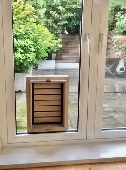 Bouncer (Large) Grey wooden cat flap and dog flap for large dogs installed in the window of a glass facade door of a terrace | © Tomsgates Dog Flap, Large Dog Door, Quiet Cat, Dog Window, Cat Flap, Pet Doors, Wood Exterior Door, Pet Door, Wooden Dog