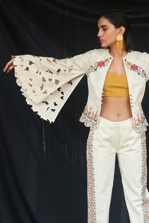 Shop for these amazing collections of White Chanderi Round Embroidered Jacket For Women by Chandrima online at Aza Fashions. Short Jacket Outfit, Simple Kurtis, Cape Designs, Denim Maxi Dress, Ivory Fabric, Western Tops, Embroidered Pants, Simple Pakistani Dresses, Denim Maxi