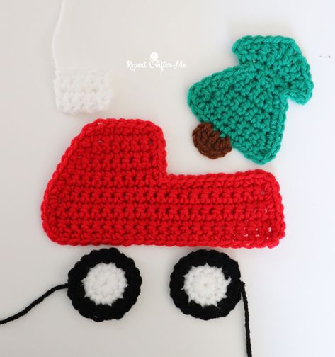 Crochet Pickup Truck Pattern, Crochet Red Truck With Christmas Tree, Crochet Red Truck Ornament, Red Truck Crochet Pattern, Crochet Christmas Appliques Free Pattern, Crochet Red Truck, Red Truck Pattern, C2c Christmas, Truck Blanket