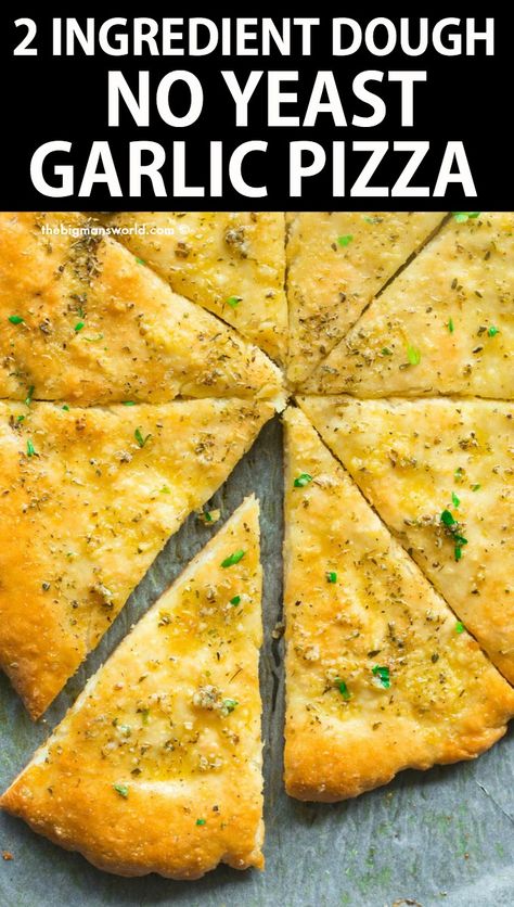 Homemade Garlic Pizza, Pizza No Yeast, Gluten Free Garlic Bread, Two Ingredient Dough, Easy Garlic Bread Recipe, 2 Ingredient Pizza Dough, 2 Ingredient Dough, Pizza From Scratch, Vegan Plate