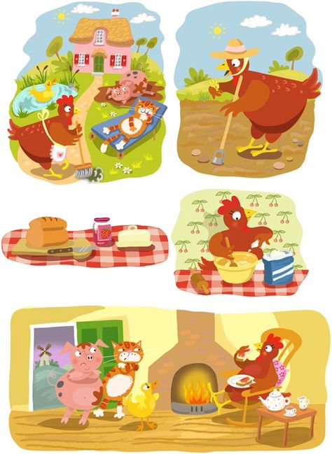 Vector illustrations telling the story of Little Red Hen: Emily Skinner Story Telling Illustration, Hen Clipart, Little Red Hen Activities, Farm Animals For Kids, English Story Books, Emily Skinner, Story Retelling, Spring Preschool Activities, The Little Red Hen