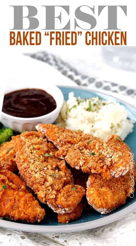 seriously the BEST Oven Fried Chicken! Crispy chicken marinated in spiced buttermilk then breaded with flour, panko, cornmeal and spices then baked in a little butter -tastes better than KFC without the grease and guilt! Oven Fried Chicken Tenders, Oven Baked Fried Chicken, Coconut Crusted Chicken Tenders, Fettucini Alfredo, Oven Fried Chicken Recipes, Chicken Fried Steak Recipe, Baked Fried Chicken, Crispy Oven Fried Chicken, Crusted Chicken Tenders