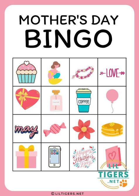 Free Printable Mother's Day Bingo Game Templates - Lil Tigers Mothers Day Literacy Activities, Mother’s Day Bingo Free, Mothers Day Bingo Free Printable, Mothers Day Games For Kids, Mother’s Day Activities Preschool, Mothers Day Printables Free Templates, Canada Activities, Mothers Day Games, Mothers Day Activities