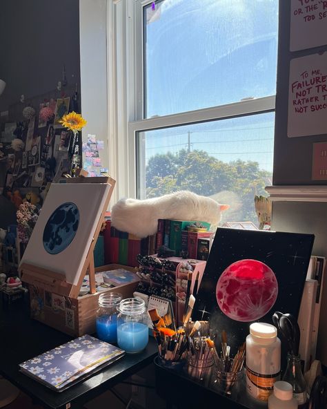 My mess. 🩵🌸🎀✨ • • • [vincent Van Gogh, starry night, acrylic painter, acrylic painting, moon painting, art desk setup, selenophile] • • #VincentvanGogh #TheStarryNight #ArtWithTash #Selenophile #MoonPainting #AcrylicArtwork #AcrylicPainter #ArtDesk Art Desk Setup, Acrylic Painting Moon, Vincent Van Gogh Starry Night, Painting Moon, Moon Painting, Art Desk, Acrylic Artwork, Vincent Van, Desk Setup