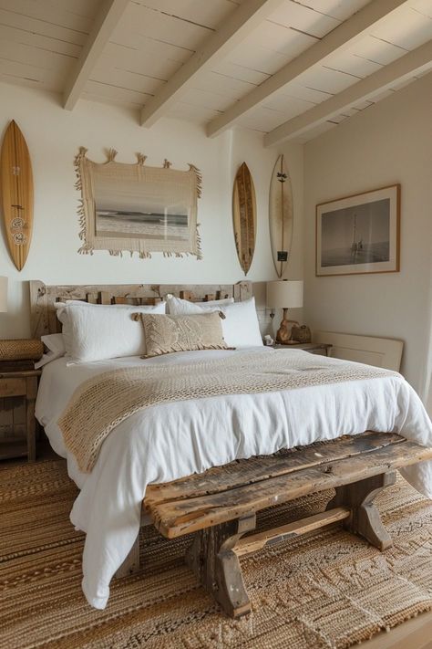 29 Boho Coastal Bedroom Ideas for a Breezy, Beachy Haven 6 Coastal Boho Aesthetic, Surfer House Aesthetic, Surfboard Decor Bedroom, Surf Bedroom Aesthetic, Boho Surf Bedroom, Surfer Bedroom Aesthetic, Surf Style Bedroom, Surfer Bedroom, Coastal Boho Bedroom