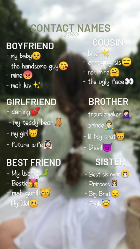 Do Not repost-! Cousin Names For Contacts, Nicknames For Cousins, Cousin Group Chat Names, Contact Names For Cousin, Cousin Contact Name Ideas, Bestie Contact Name Ideas, Brother Contact Names Ideas, Funny Contact Names, Funny Nicknames For Friends