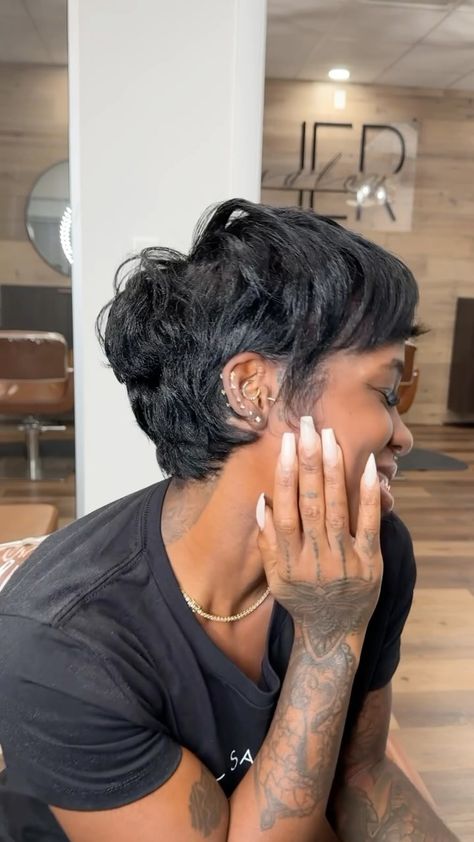 When your client (sister 😒) really love their haircut 😂🤣 @missprettynish really made me feel good about my skills!! 😂 How do you react… | Instagram Very Short Haircuts For Black Women, Thinning Thick Hair Haircuts, Honey Brown Pixie Haircut Black Women, Black Woman Haircuts, Mullet Pixie Haircut Black Women, Short Texturized Hair For Black Women, Really Short Hair Black Women, Black Woman Pixie Cuts, Short Cut Black Women Natural