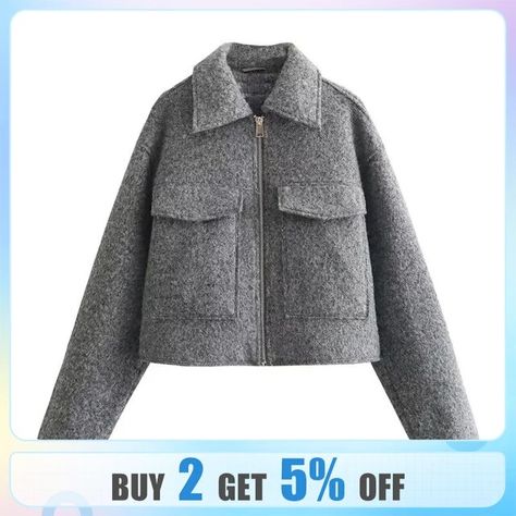 MESTTRAF Grey Woolen Lapel Zipper Coat Women Elegant Pockets Long Sleeve Solid Short Coat 2023 Autumn Lady Warm Wool Coat - AliExpress Winter Coat Short, Short Coats Women, Mode Tips, Winter Shorts, Teddy Jacket, Mini Robes, Pocket Jacket, Woolen Coat, Winter Jackets Women