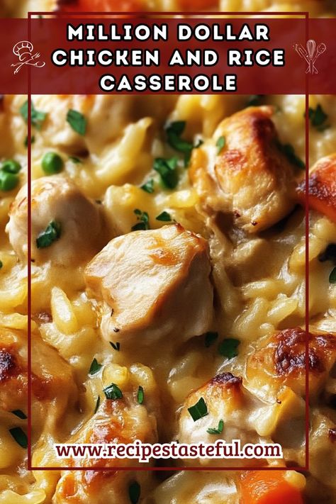 A creamy and cheesy chicken and rice casserole that's perfect for family dinners, combining tender chicken, flavorful cheeses, and a crunchy topping for a satisfying meal. Creamy Chicken And Rice Casserole, Cheesy Rice Casserole, Cheesy Chicken And Rice Casserole, Cheesy Chicken And Rice, Million Dollar Chicken, Cheesy Chicken Rice, Weekly Dinner Menu, Instant Family, Cheesy Rice