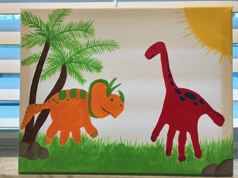 DIY Handprint dinosaurs art. My 3yr old son made the handprints and then I filled in the scenery and dino details. After the fact I realized that I should have painted the background blue first but I'm really happy with the results. This will be a great addition to his new dino room #dinoart #handprintart #dinosaurroom Dino Handprint Art, Hand Print Dinosaur, Crafts Dinosaur, Dino Footprint, Dino Room, Preschool Painting, Dinosaur Theme Preschool, Alphabet Letter Crafts, Indoor Crafts