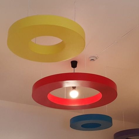 The Moon Kids Ceiling Circles offer an imaginative and practical finish to any play area or classroom. The ceiling circles, available in a wide range of colours and sizes are constructed to soften the light but not diminish it. We construct these items in our workshop and then complete final assembly and installation on site. Other sizes can be made and quoted as per request. Suspended Ceiling Design, Kids Ceiling, Ceiling Art, Suspended Ceiling, Kids Play Area, The Ceiling, Play Area, Moon Child, Ceiling Design