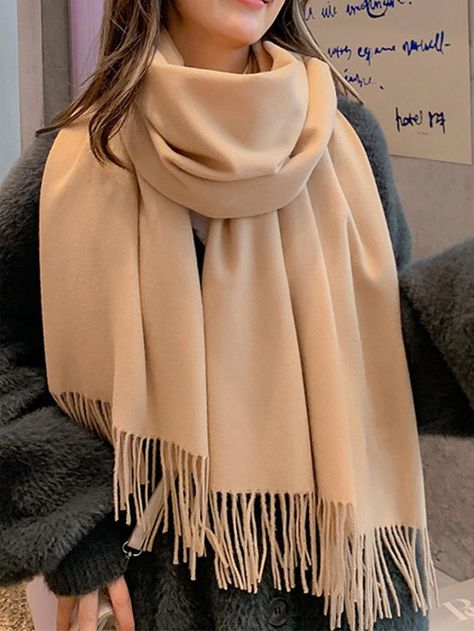 Beige  Collar  Polyester   Embellished   Women Accessories Bufandas Aesthetic, Beige Scarf Outfit, Shawl Outfit, Street Accessories, Beige Scarf, Winter Shawl, Scarf Outfit, Unique Sweaters, Polyester Scarf