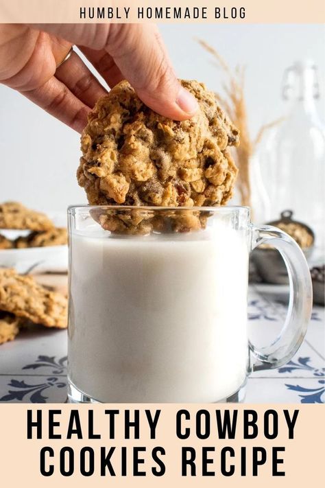 Cowboy cookie being dipped in milk Best Cowboy Cookies, Cowboy Cookies Recipe, Cowboy Cookie Recipe, 4 Ingredient Cookies, Seed Cookies, Salty Cookies, Flax Meal, Homemade Trail Mix, Cowboy Cookies