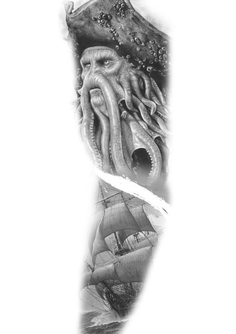 Pirates Of The Caribbean Tattoo, Caribbean Tattoo, Leopard Tattoos, Grey Tattoo, Pirates Of The Caribbean, Black And Grey Tattoos, The Caribbean, Full Sleeve, Black Grey