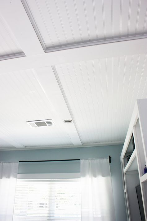 Faux Coffered Ceiling, Cove Moulding, Ceiling Remodel, Beadboard Ceiling, Basement Storage, Basement Makeover, Basement Ceiling, Diy Ceiling, Dropped Ceiling