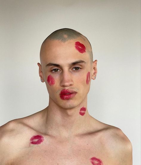 Cupid Photoshoot Men, Mens Valentines Day Photoshoot, Valentine Photo Shoot, Creative Photoshoot Ideas, Men Photoshoot, Mens Editorial, Lipstick Stain, Male Makeup, Model Inspo