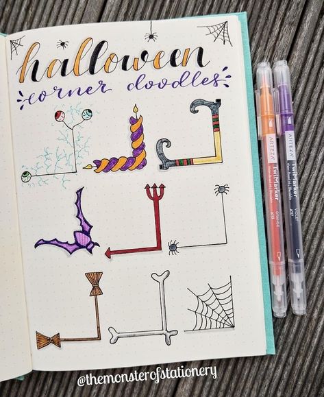 Corner Doodles, Bullet Journal Dividers, Bullet Journal Halloween, Weekly Tracker, Halloween Doodles, Planner Doodles, Kalender Design, Journal Inspiration Writing, Bullet Journal Ideas Templates