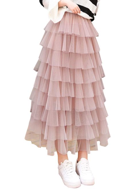 PRICES MAY VARY. Tulle: Polyester, Spandex, Viscose. Lining: 100% Polyester 6 colors for your choose (black / pink / blue / white / apricot / deep pink) Multi layers pleated ruffles skirt with elastic waistband, suitable and comfortable Hand wash cold. Hang dry. Do not iron the pleated ruffles Before ordering, please refer to the size chart on the left picture. Multi Layered Skirt, Long Tule Skirt, Layered Skirt Outfit, Long Ruffle Skirt, White Ruffle Skirt, Ruffles Skirt, Long Tiered Skirt, Mesh Maxi Skirt, Tiered Tulle Skirt