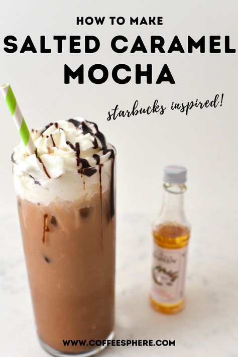 Iced Caramel Mocha Recipe, Javy Coffee Recipes, Salted Caramel Mocha Frappuccino, Caramel Coffee Recipe, Starbucks Salted Caramel Mocha, Salted Caramel Iced Coffee, Iced Mocha Recipe, Easy Coffee Drinks Recipes, Mocha Coffee Recipe