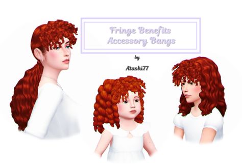 Curly bangs classified as a hat so you can add them to (almost) any hairstyle Ts4 Hair, Ts4 Clothes, 4 Hairstyles, Hair Fringe, Cc Hair, Pelo Sims, Sims 4 Cc Shoes, Sims 4 Children, Sims 4 Mm Cc