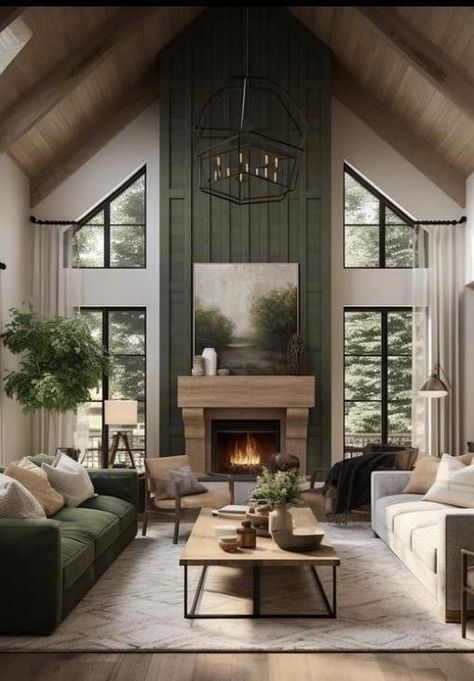 Moody 2 Story Living Room, Moody Living Room Stone Fireplace, Fireplace Window Wall, Dark Green Brick Fireplace, Cathedral Ceiling Fireplace Ideas, Vaulted Living Room Fireplace, Cathedral Ceiling With Fireplace, Fireplace Wall With Windows, Fireplace With Window Above