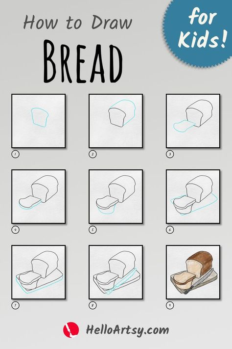 Discover how to draw bread by following along with this easy to follow drawing guide. Follow along with 9 simple steps to learn how to draw your very own bread. Click the pin to visit the full drawing tutorial and access the printable and downloadable PDF for how to draw bread. There you find full text descriptions to accompany the step by step drawing lesson and more! How To Draw Bread, Bread Drawing Simple, Drawing Ideas List, Bread Art, Drawing Lessons For Kids, Easy Lessons, Easy Bread, Food Drawing, Chalkboard Signs