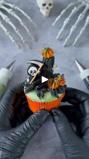 141K views · 17K reactions | Wait & see how this spooky tree 
comes together for so much scary cuteness 💀🔪👻And please like & share if you enjoyed this! It makes a big difference to us creators ☺️🖤🧡🖤

🔪See how to pipe pumpkins in my previous reel. They’re super easy! The technique is the same, but I used tip 22 for these instead of 199

🔪 Pipe over a Pocky or straight pretzel with tip 22 to create tree base

🔪 use tip 14 or 15 to pipe a rosette in the center of the stump, then pipe curvy lines around the entire stump until you have the desired thickness 

🔪 I initially planned on making these with different embellishments, but they just didn’t look right. Then I remembered the Grim Reaper Royal icing decorations Wilton had sent me the week before, and they couldn’t have been more Halloween Cupcakes Decoration, Icing Decorations, Spooky Tree, The Grim Reaper, Haunted Forest, Spooky Trees, Adornos Halloween, Tree Base, Royal Icing Decorations