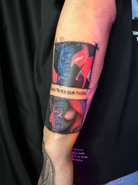 Prowler Across The Spider Verse, Across The Spider Verse Tattoo, Spider Verse Tattoo, Miles Morales Prowler, Arm Tattoos Drawing, Spiderman Tattoo, Verse Tattoos, Marvel Tattoos, Tattoo Templates