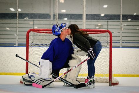 Hockey: our favorite sport! Chris still plays and I love that his love for the game has made me a bigger fan. Cute Couple Pics Hockey, Hockey Couples, Hockey Engagement Photos, Hockey Couple, Hockey Boyfriend, Hockey Family, Hockey Wedding, Hockey Aesthetic, Hockey Goals