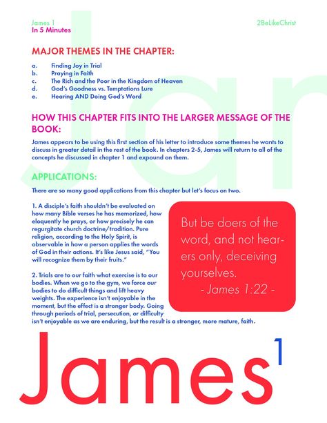 A short Bible study of James 1. These outlines are intended to summarize the key information from each chapter in just 5 minutes. The outlines are available for download for FREE on our website. James Chapter 1 Bible Study, James Bible Study Free Printable, The Book Of James Bible Study, James Bible Study Notes, James 1 Bible Journaling, James 1:5, Free Bible Study Printables Worksheets, Book Of James Bible Study, James Chapter 1