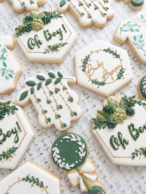 Safe Green Baby Shower Decor, Boho Botanical Baby Shower Ideas, Sage Green Baby Boy Shower Ideas, Green Themed Baby Shower Ideas, Hunter Green Baby Shower Ideas, Green And White Baby Shower Ideas, Botanical Baby Shower Decor, Cactus Baby Shower Cookies, Sage Green And Gold Baby Shower Ideas