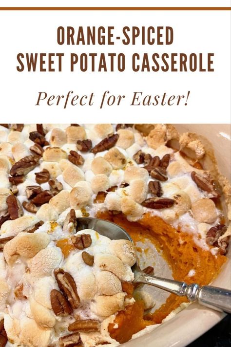 Sweet potato casserole topped with marshmallows and pecans with a serving spoon. Sweet Potato Cassarole, Sweet Potato Oven, Canning Sweet Potatoes, Orange Sweet Potatoes, Easy Side Dish, Holiday Side Dishes, Holiday Meal, Orange Spice, Mashed Sweet Potatoes