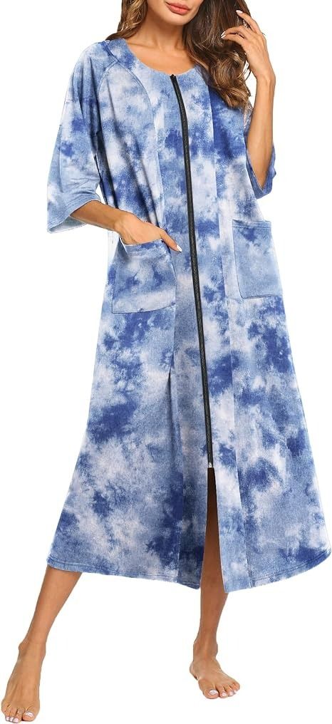 Ekouaer Women's Zipper Robe 3/4 Sleeve Housecoats Full Length House Dress Loungewear Long Nightgown with Pockets Blue Flower,XX-Large at Amazon Women’s Clothing store Cozy Bathrobe, Dress Loungewear, Nursing Robe, Dark Blue Tie, Relaxing Home, Nursing Nightgown, Loungewear Dress, Robes For Women, Long Nightgown