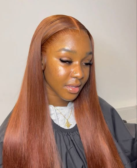 Colored Straight Hair Black Women, Ginger Closure Sew In, Sew In Weave With Closure Color, Colored Wigs On Dark Skin, Side Shaved Hair, Wig Websites, Side Shaved, Frontal Wig Hairstyles, Creative Hair Color