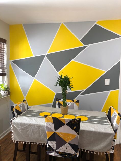 Geometric Wall Paint Yellow, Simple Geometric Wall Paint Bedroom, Dimensional Painting, Wall Paint Colour Combination, Yellow Accent Walls, Geometric Wall Paint, Gray Painted Walls, Grey Accent Wall, House Wall Design