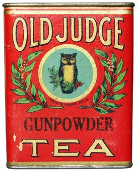 Vintage Old Judge Gunpowder Tea Tin. Blend of Oriental Teas, Green Loose. Produced by David G. Evans Coffee Co. St. Louis. by teacaddy.czi.cz Vintage Tin Containers, Vintage Coffee Labels, Vintage Coffee Packaging, Vintage Can Design, Vintage Tea Packaging, Vintage Tea Labels, Vintage Food Packaging, Vintage Can Labels, Vintage Spice Tins