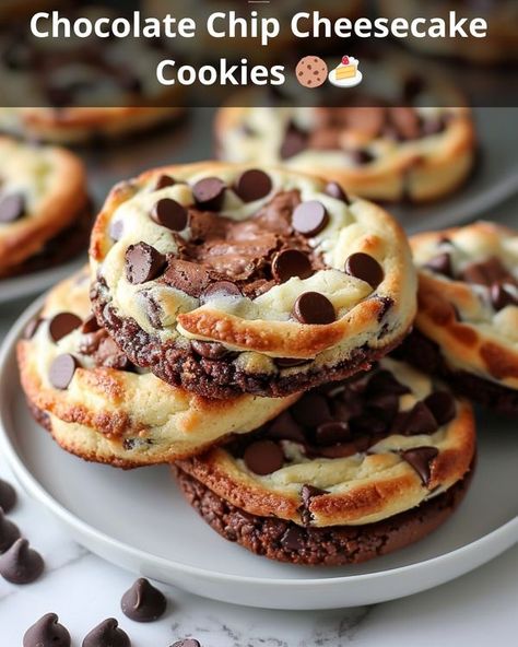 Recipes Vista | Chocolate Chip Cheesecake Cookies 🍪🍰 | Facebook Chocolate Chip Cheesecake Recipes, Cake Chocolate Chip Cookies, Soft Chewy Cookies, Chocolate Chip Cookie Cheesecake, Chocolate Chip Cheesecake, Cheesecake Cookies, Creamy Cheesecake, Chewy Cookie, Gordon Ramsay