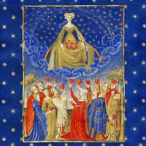 QUEEN OF HEARTS IN STARRY NIGHT ,HOMAGE TO VENUS Medieval Miniature #queenofhearts,#tarots #vintage #medieval #miniature #venus #beauty #hearts #ValentinesDay #love #lovers #Stars #astrology #astrologist #blue Medieval Reactions, Christine De Pizan, Medieval Memes, Kunst Inspo, Arte Occulta, Medieval Artwork, Medieval Paintings, History Jokes, Medieval Woman